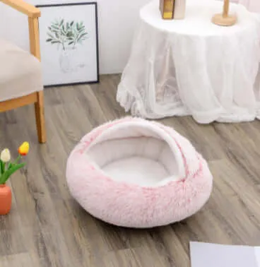 2-in-1 Dog and Cat Bed - Round Plush Winter Bed, Soft Long Plush Pet House