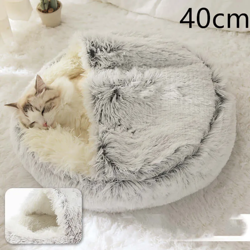 2-in-1 Dog and Cat Bed - Round Plush Winter Bed, Soft Long Plush Pet House