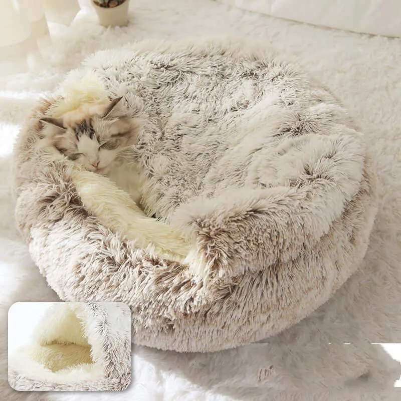 2-in-1 Dog and Cat Bed - Round Plush Winter Bed, Soft Long Plush Pet House