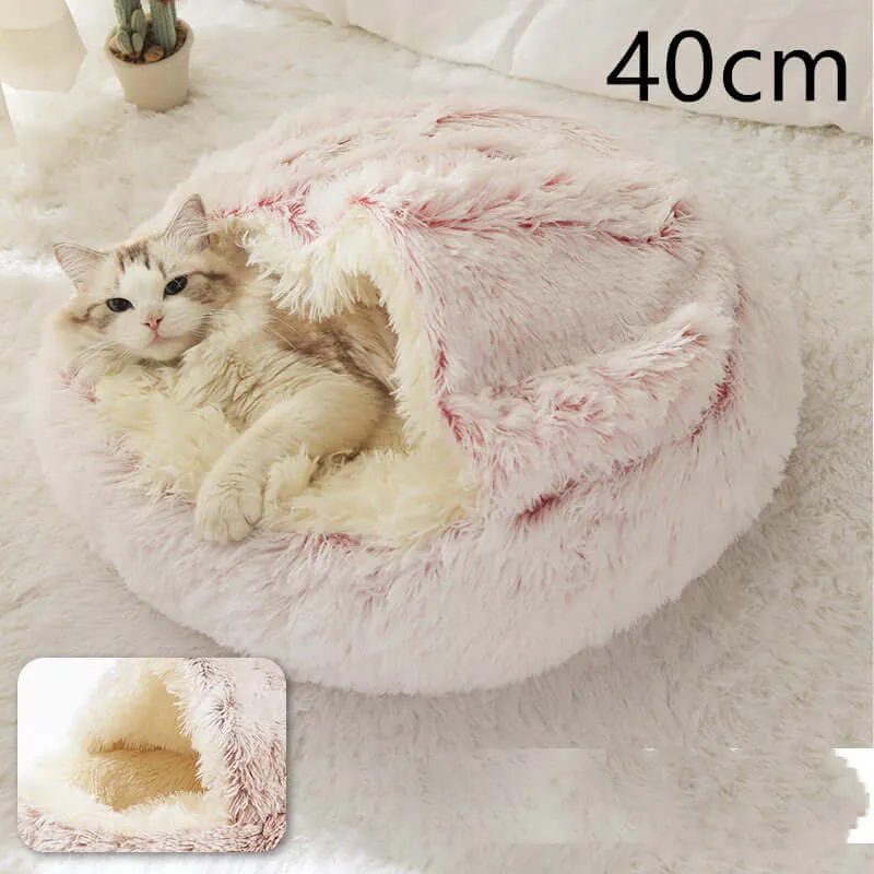 2-in-1 Dog and Cat Bed - Round Plush Winter Bed, Soft Long Plush Pet House