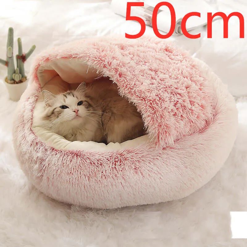 2-in-1 Dog and Cat Bed - Round Plush Winter Bed, Soft Long Plush Pet House