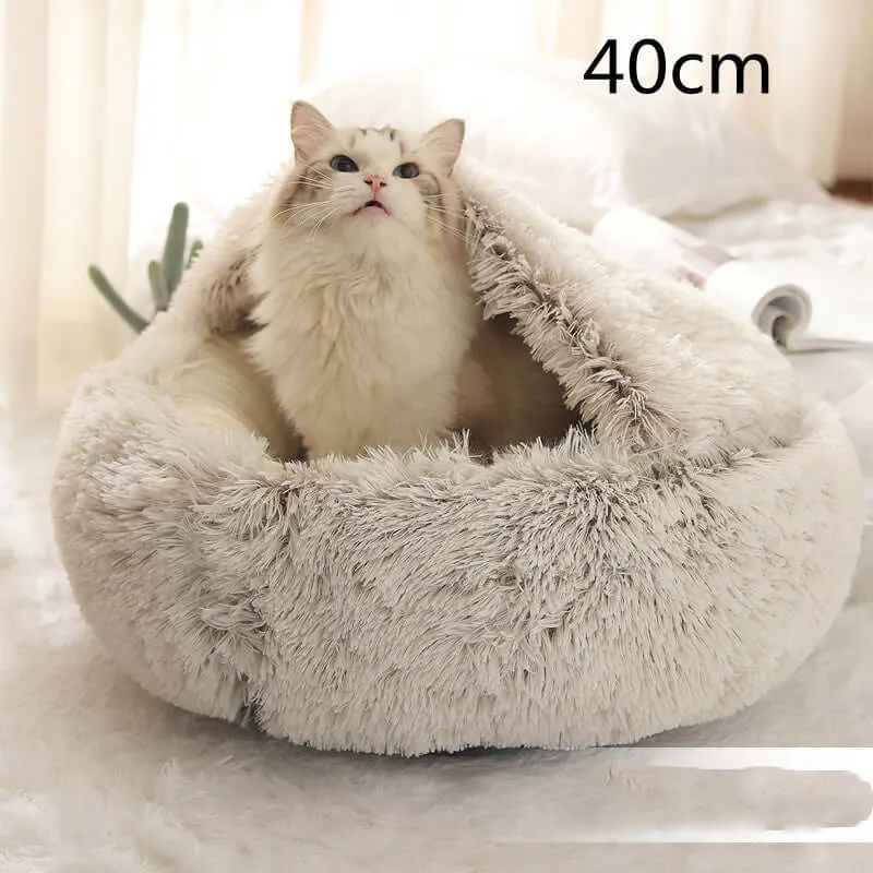 2-in-1 Dog and Cat Bed - Round Plush Winter Bed, Soft Long Plush Pet House