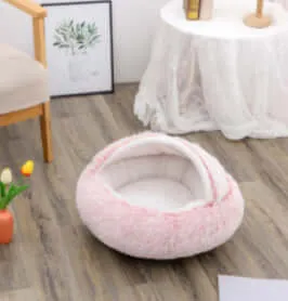 2-in-1 Dog and Cat Bed - Round Plush Winter Bed, Soft Long Plush Pet House