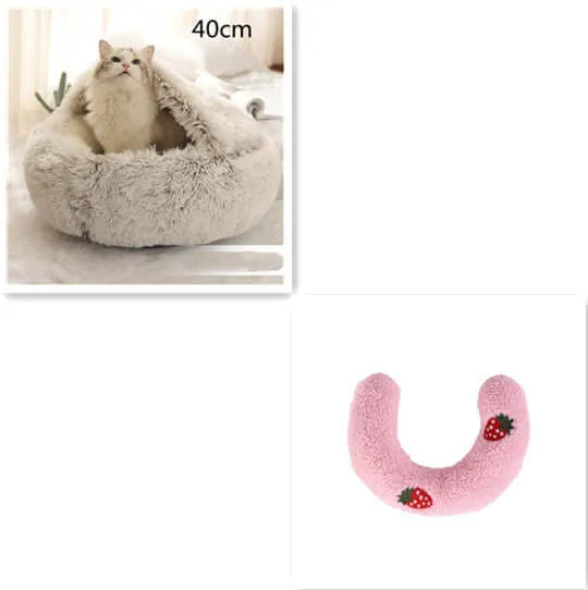 2-in-1 Dog and Cat Bed - Round Plush Winter Bed, Soft Long Plush Pet House