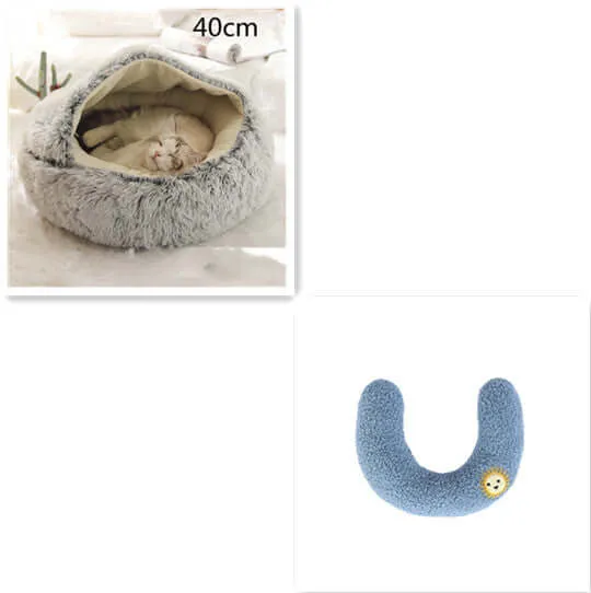 2-in-1 Dog and Cat Bed - Round Plush Winter Bed, Soft Long Plush Pet House