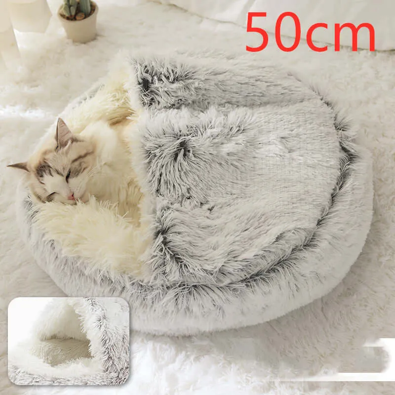 2-in-1 Dog and Cat Bed - Round Plush Winter Bed, Soft Long Plush Pet House