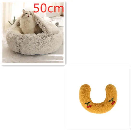 2-in-1 Dog and Cat Bed - Round Plush Winter Bed, Soft Long Plush Pet House