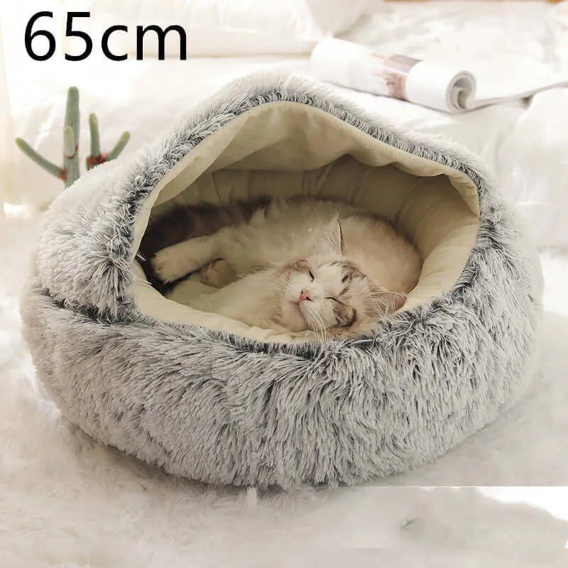 2-in-1 Dog and Cat Bed - Round Plush Winter Bed, Soft Long Plush Pet House