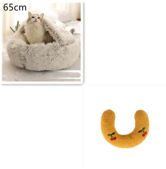 2-in-1 Dog and Cat Bed - Round Plush Winter Bed, Soft Long Plush Pet House