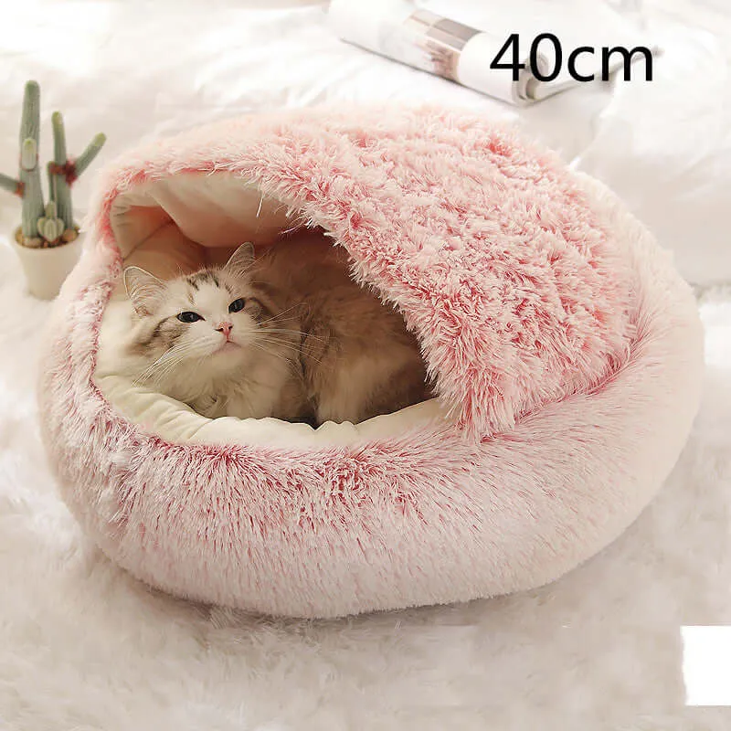 2-in-1 Dog and Cat Bed - Round Plush Winter Bed, Soft Long Plush Pet House