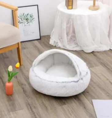 2-in-1 Dog and Cat Bed - Round Plush Winter Bed, Soft Long Plush Pet House