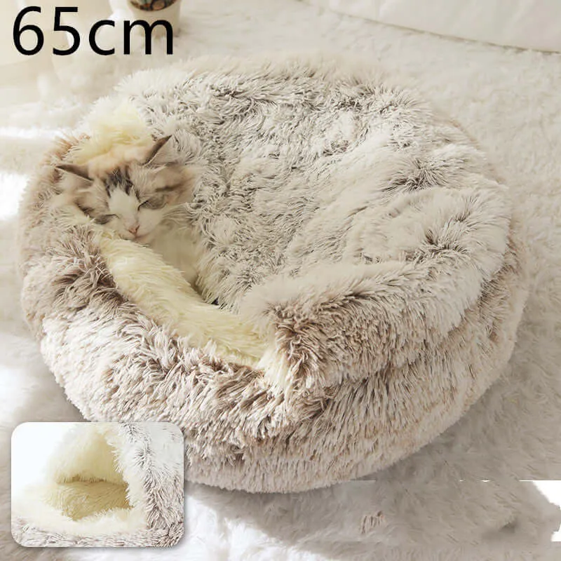 2-in-1 Dog and Cat Bed - Round Plush Winter Bed, Soft Long Plush Pet House