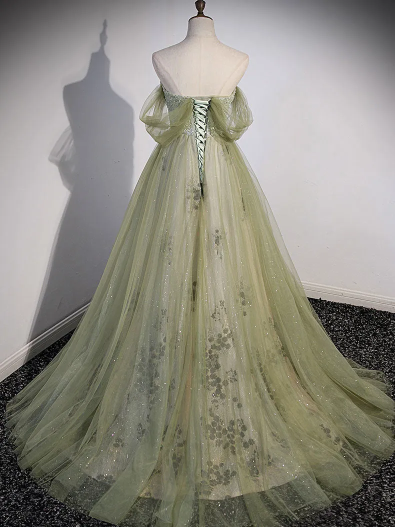 A Line Green Tulle Long Prom Dress, Green Formal Evening Dress with Beading