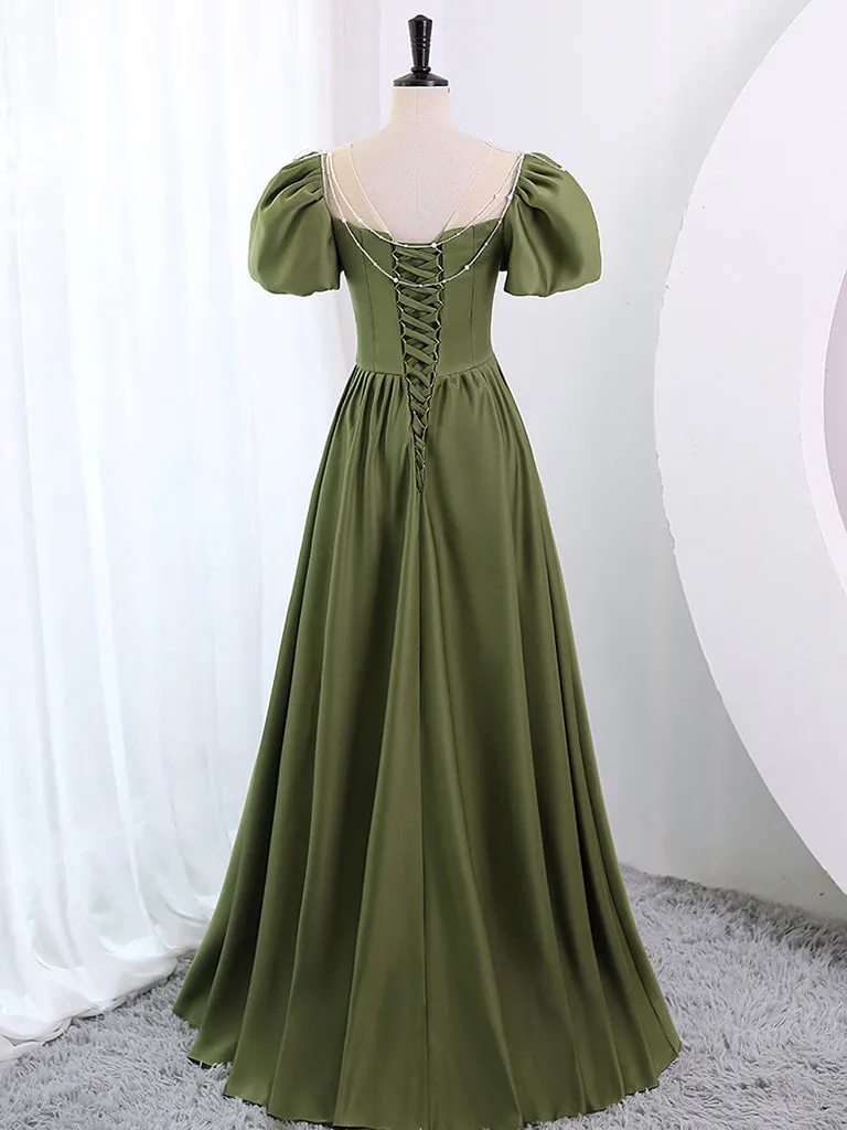 A-Line Scoop Neckline Puff Sleeves Satin Long Green Prom Dress, Green Formal Dress