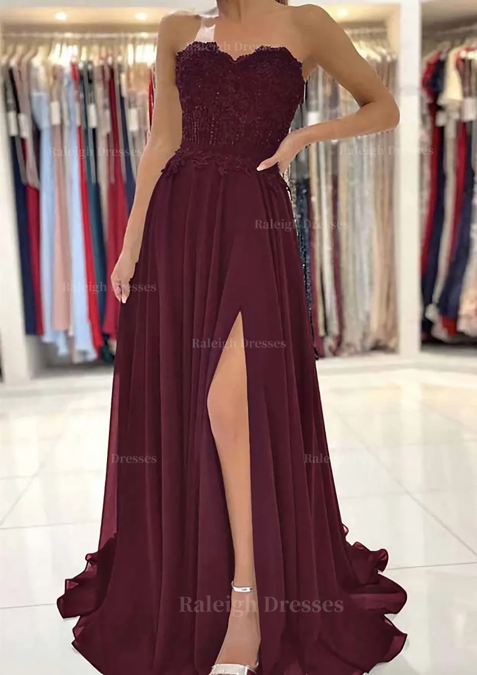 A-line Sweetheart Sweep Train Chiffon Prom Dress With Lace Beading Split