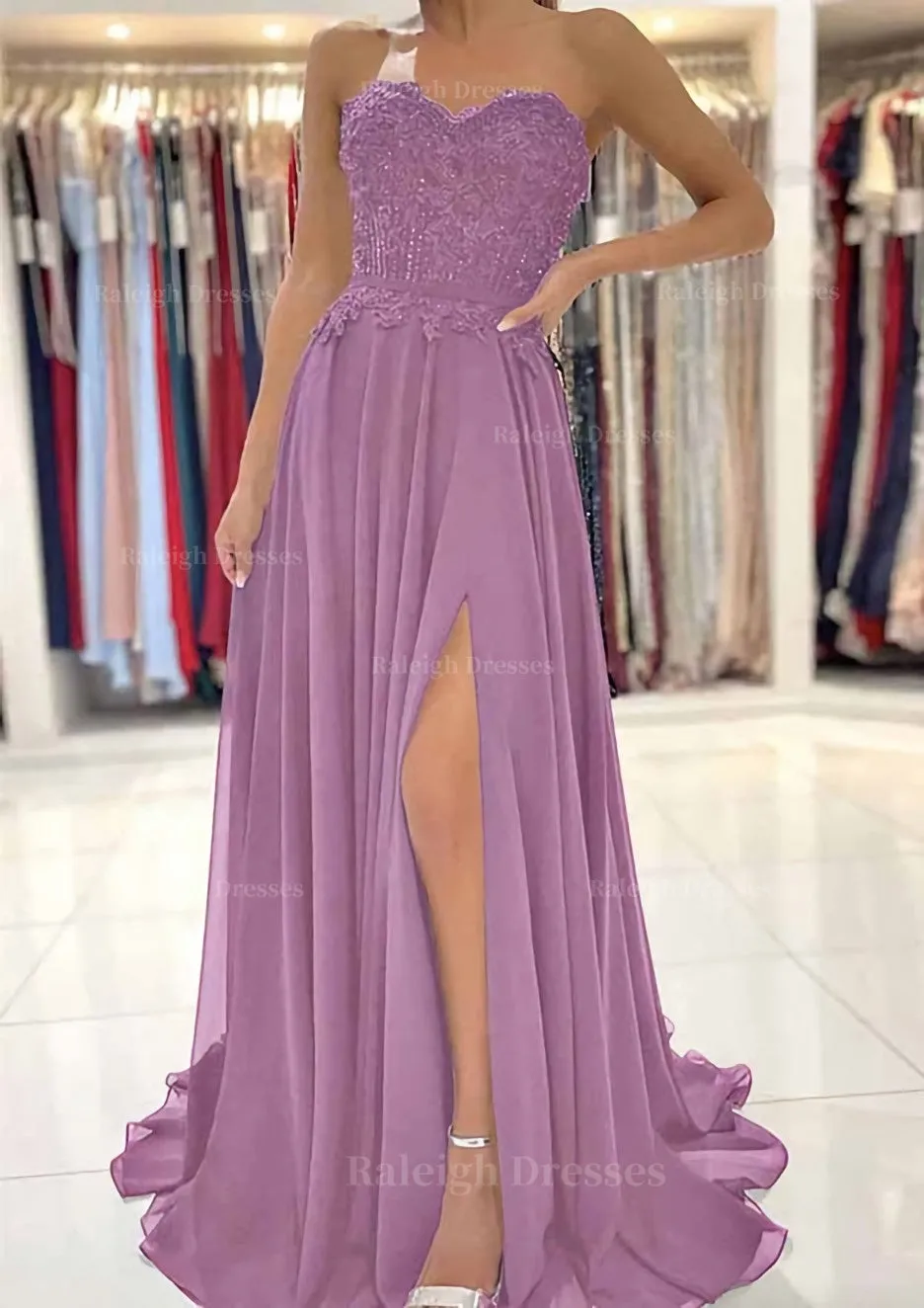 A-line Sweetheart Sweep Train Chiffon Prom Dress With Lace Beading Split