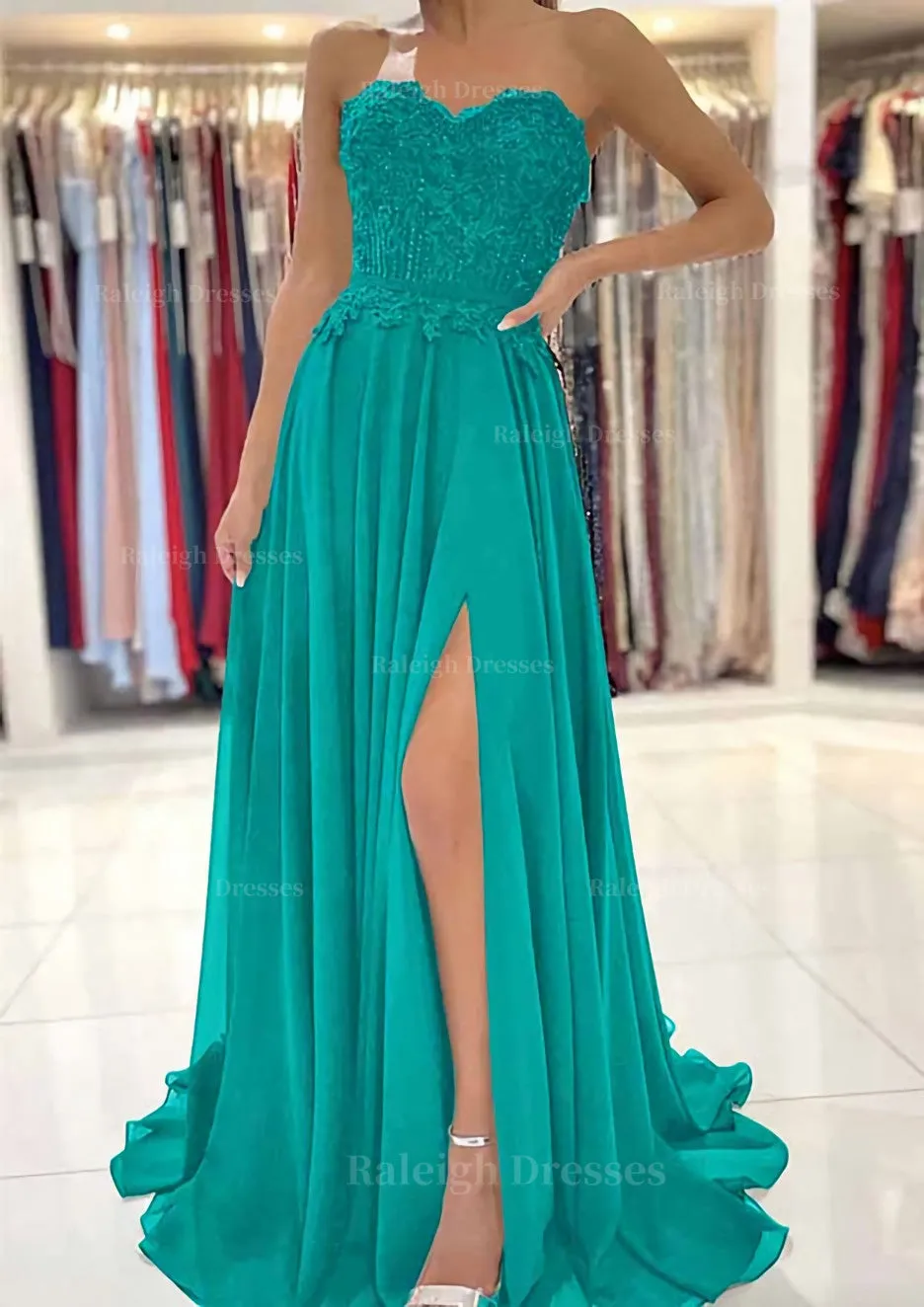 A-line Sweetheart Sweep Train Chiffon Prom Dress With Lace Beading Split