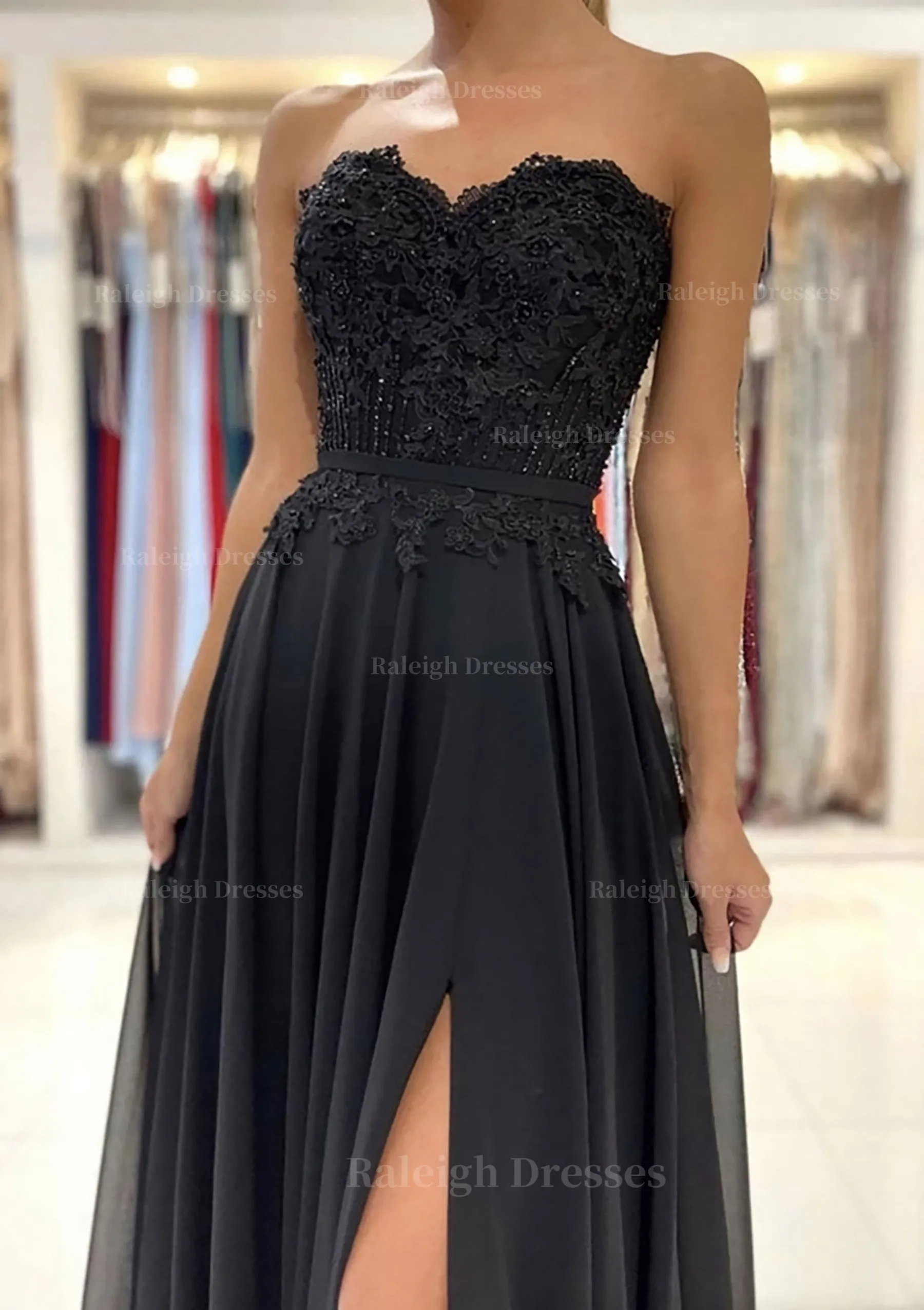 A-line Sweetheart Sweep Train Chiffon Prom Dress With Lace Beading Split