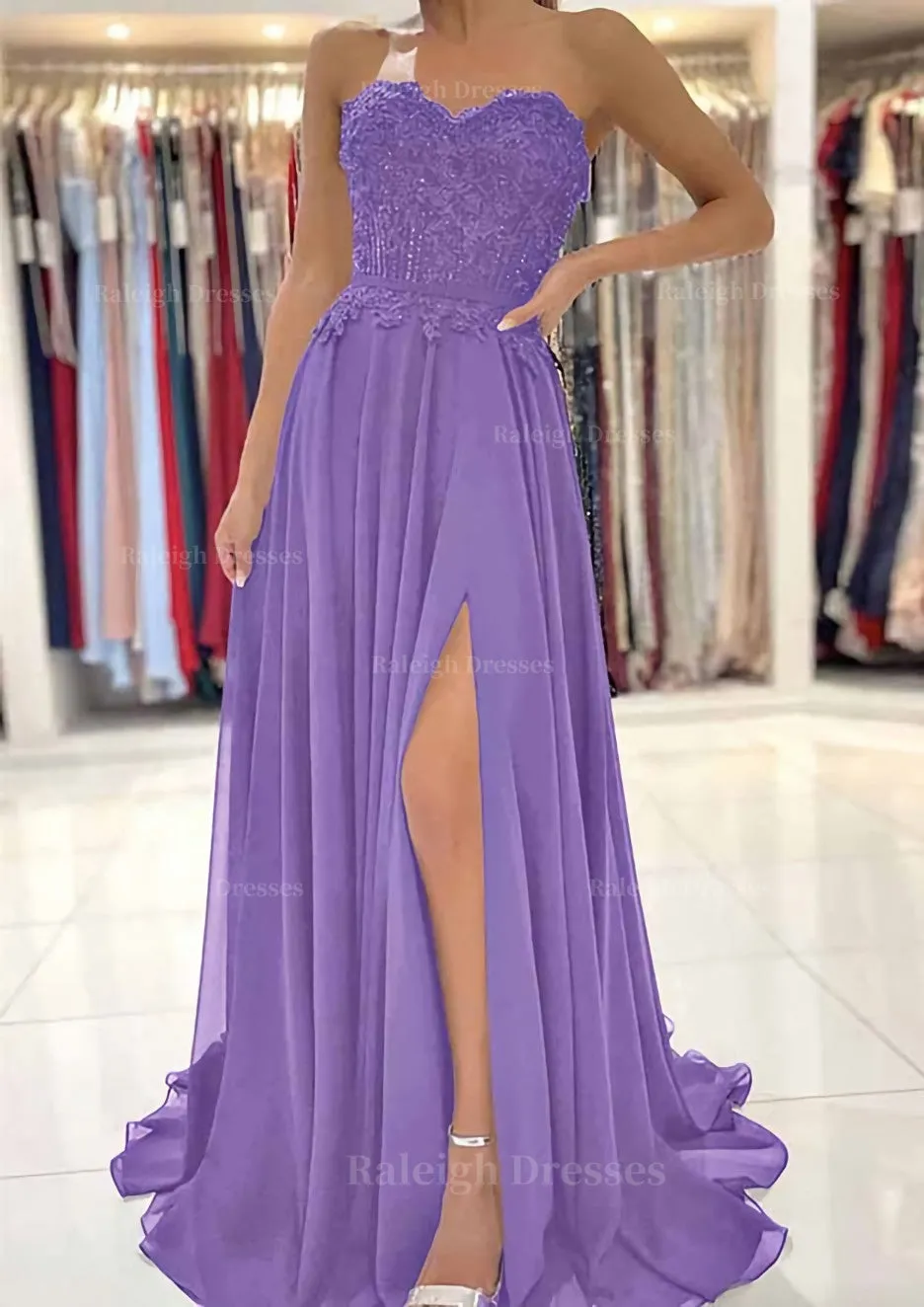 A-line Sweetheart Sweep Train Chiffon Prom Dress With Lace Beading Split