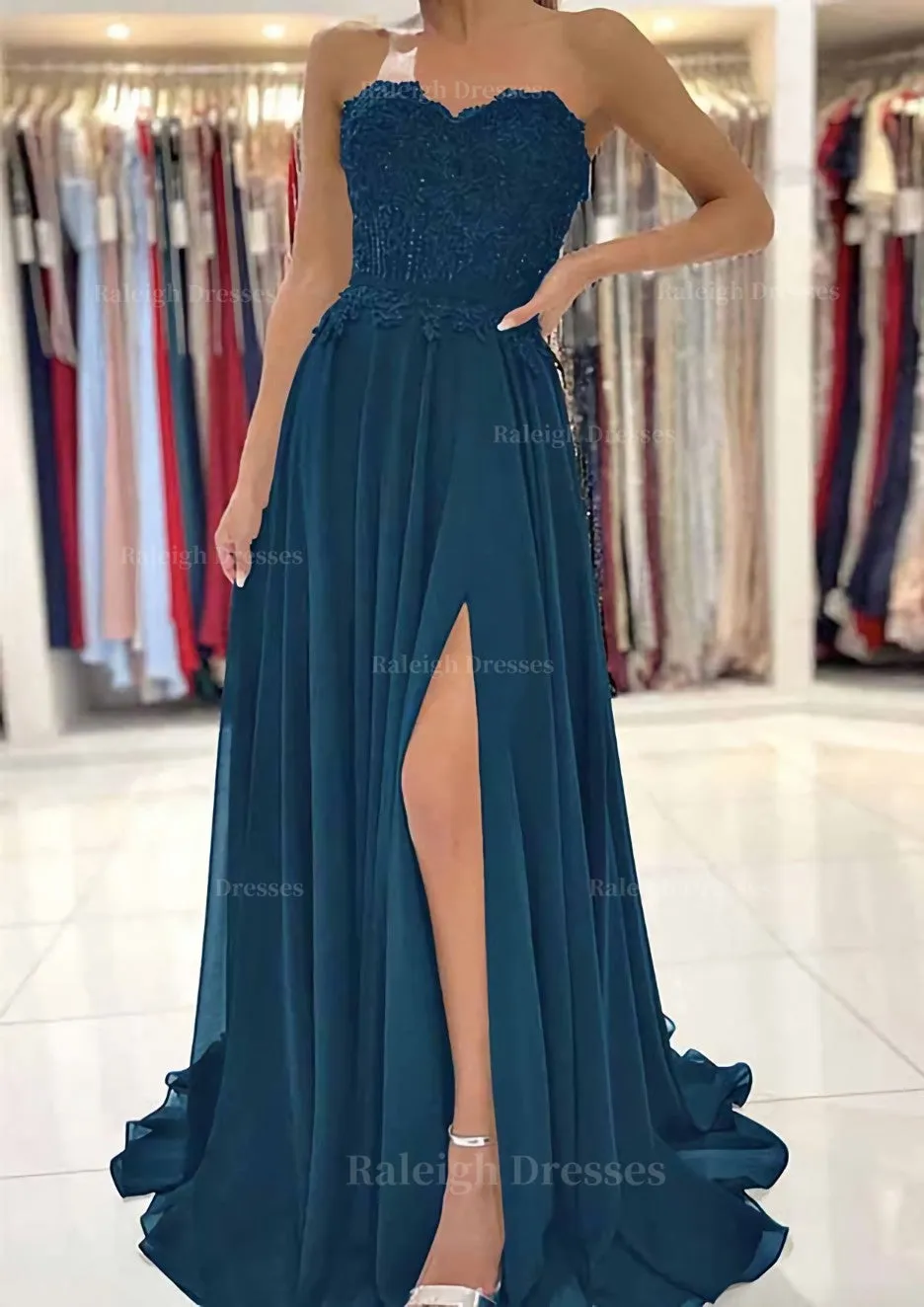 A-line Sweetheart Sweep Train Chiffon Prom Dress With Lace Beading Split