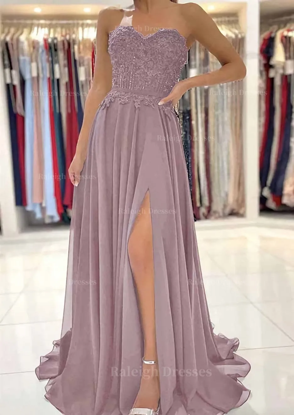 A-line Sweetheart Sweep Train Chiffon Prom Dress With Lace Beading Split