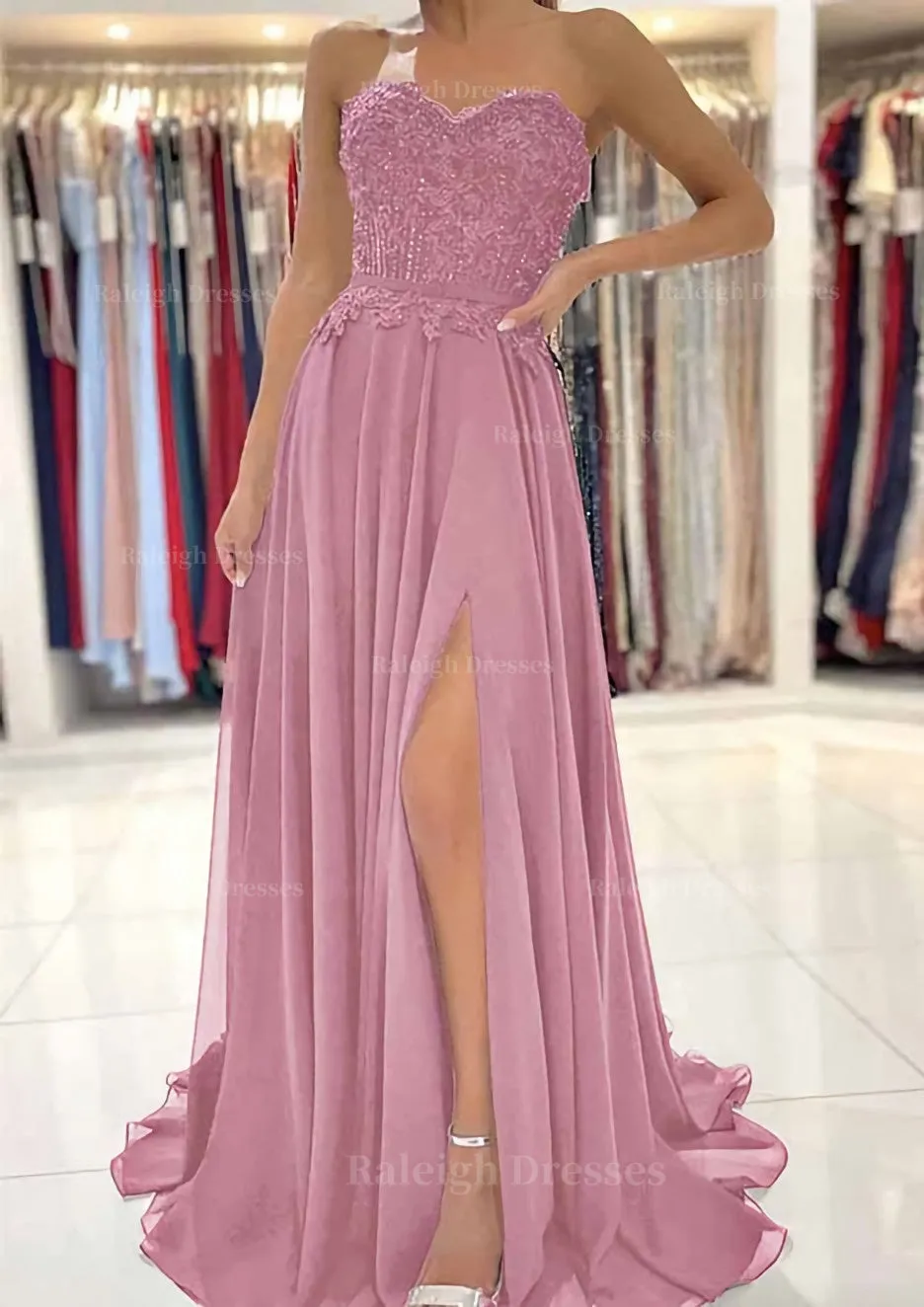 A-line Sweetheart Sweep Train Chiffon Prom Dress With Lace Beading Split