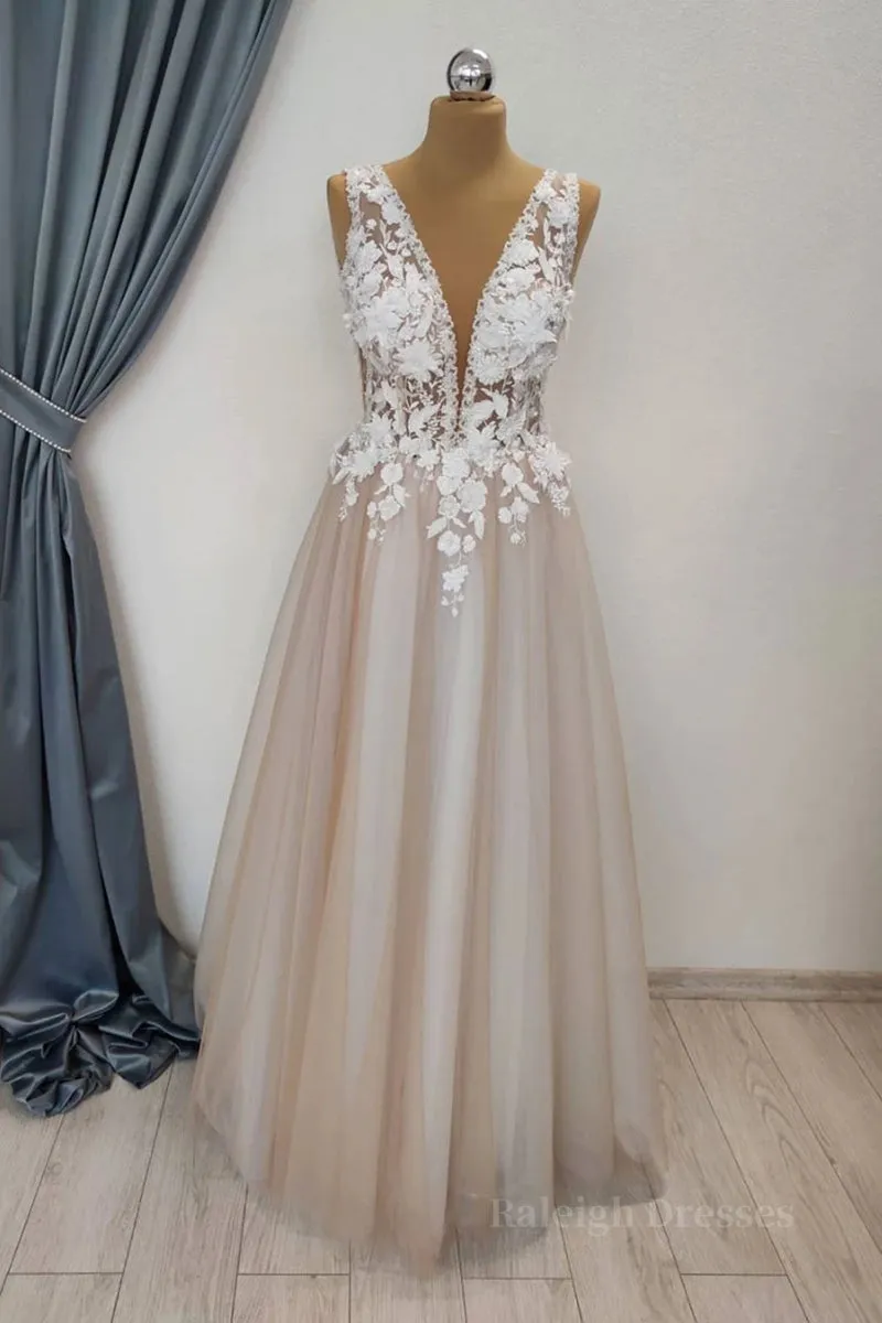 A Line V Neck Appliques Lace Prom Dress, Lace Formal Graduation Evening Dress