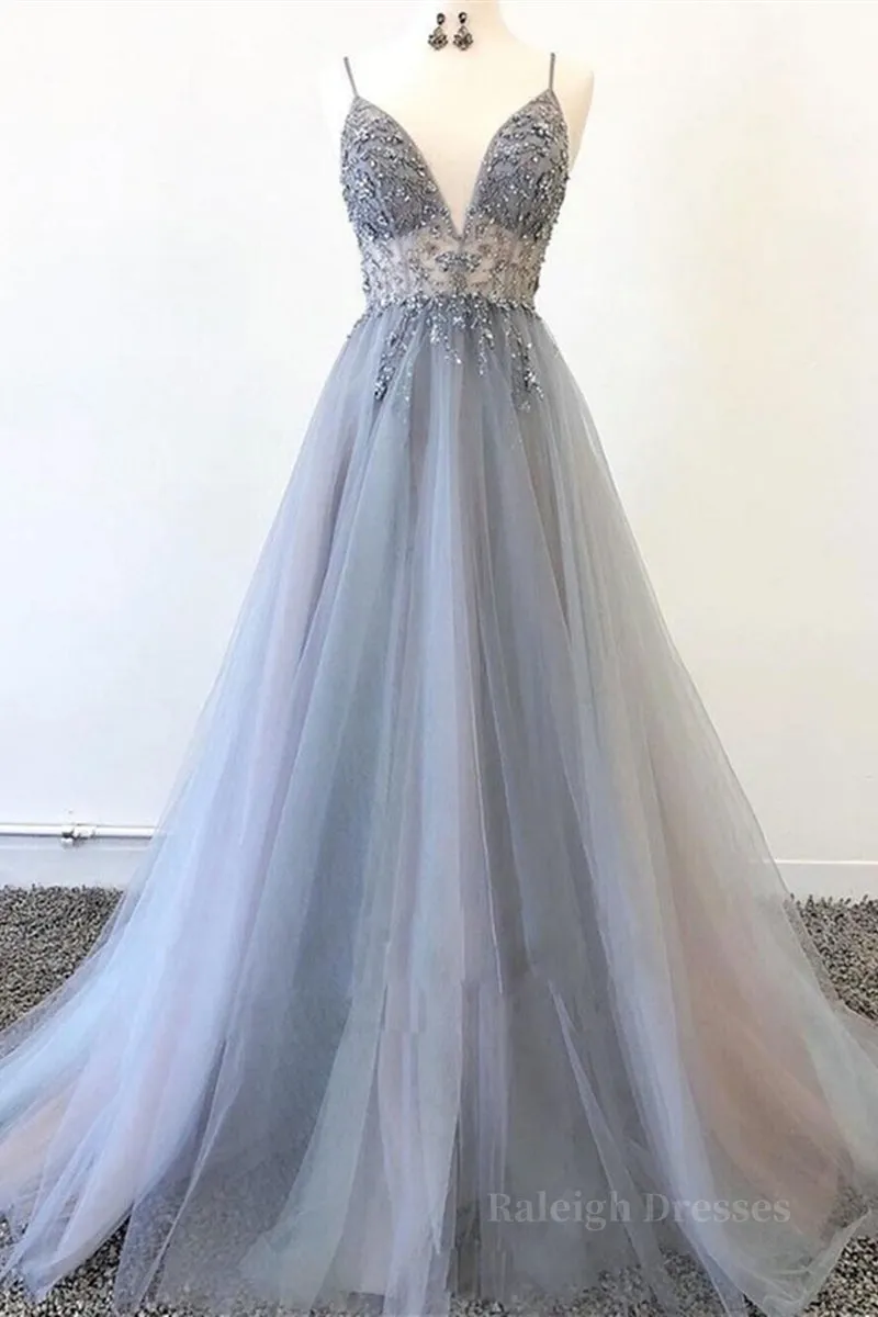 A Line V Neck Grey Beaded Long Prom Dress with Split, Grey Beaded Formal Graduation Evening Dress