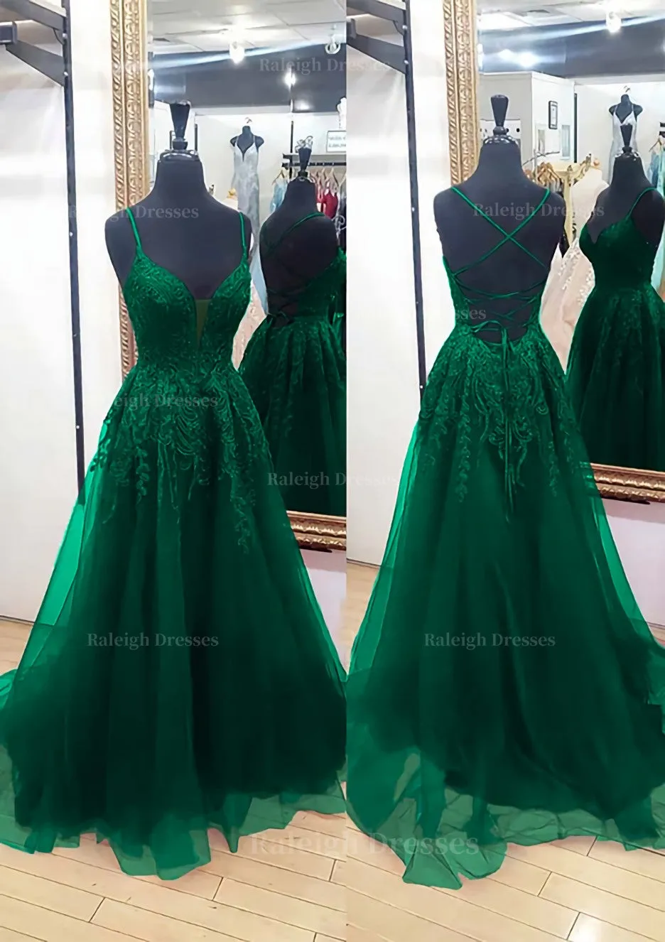 A-line V Neck Sleeveless Chapel Train Tulle Prom Dress With Appliqued Lace