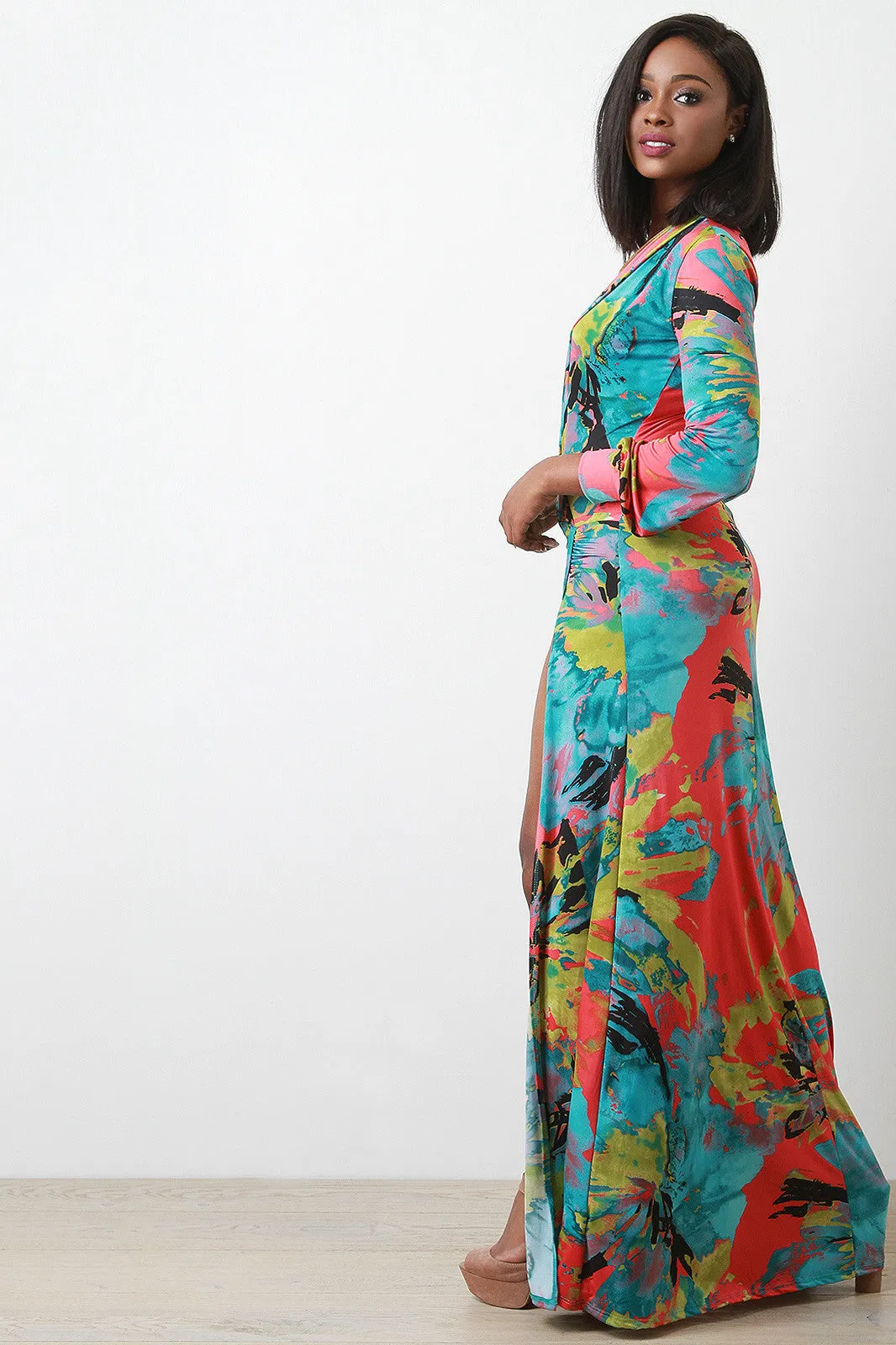 Abstract Watercolor Deep Slit Long Sleeves Maxi Dress