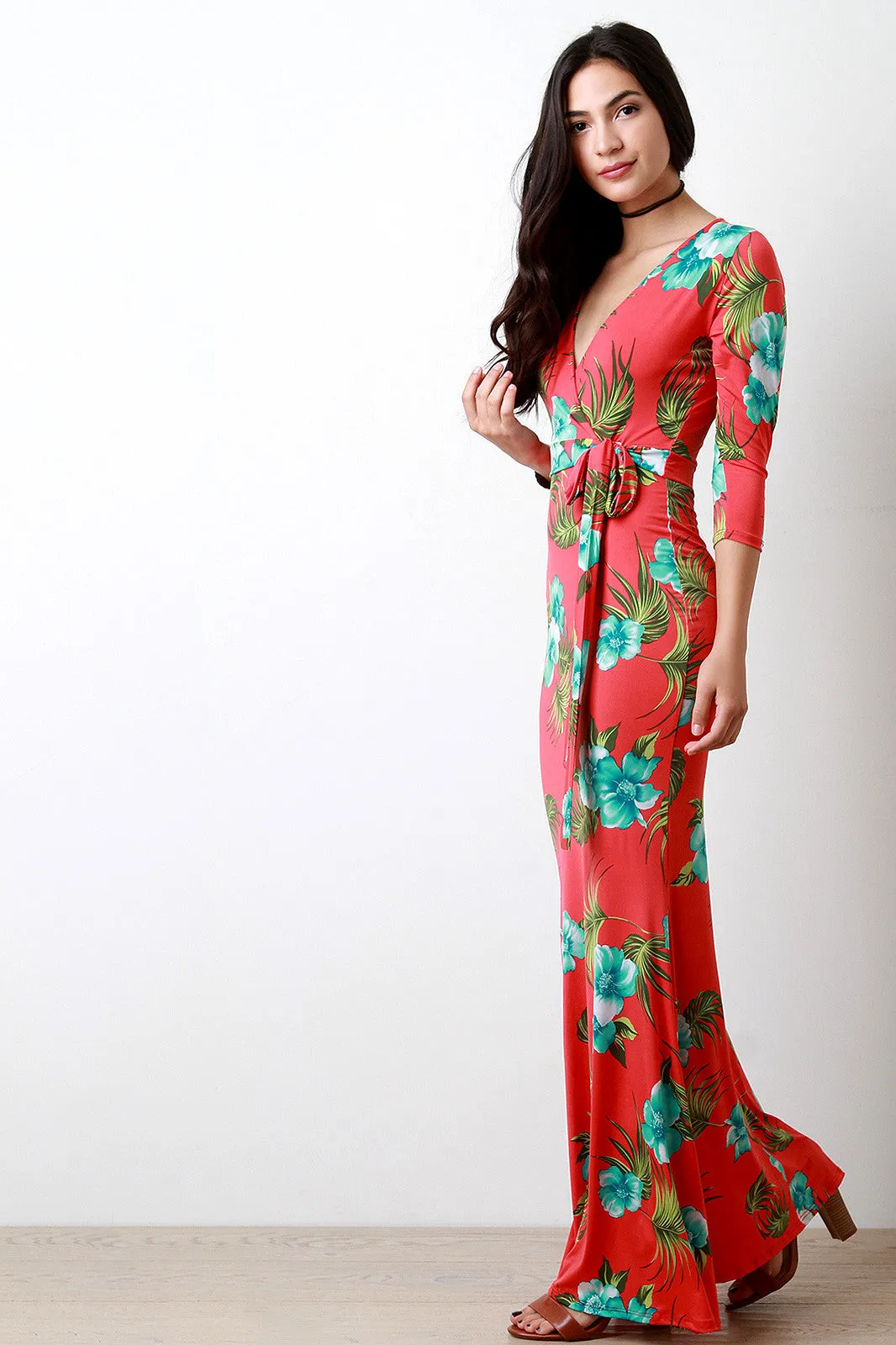 Aloha Flowers Surplice Waist Sash Maxi Dress