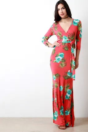 Aloha Flowers Surplice Waist Sash Maxi Dress