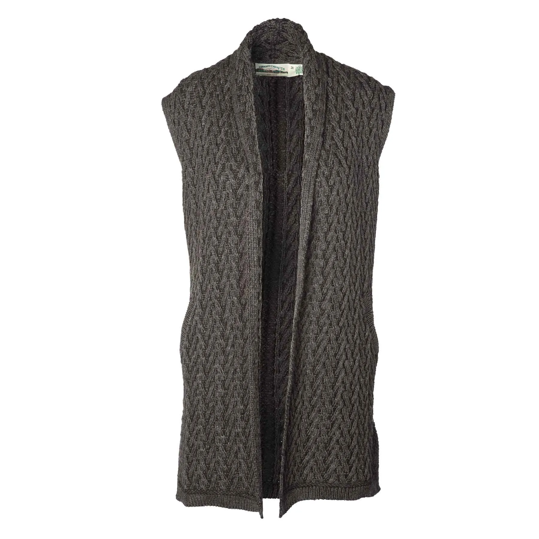 Aran Knit Long Vest, Charcoal Mix