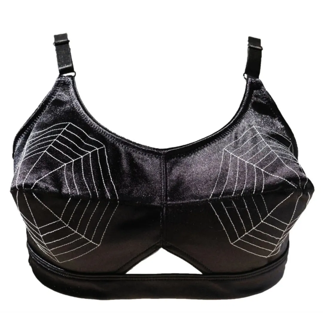 Ariadne- the Black Satin Spider Web Bullet Bra