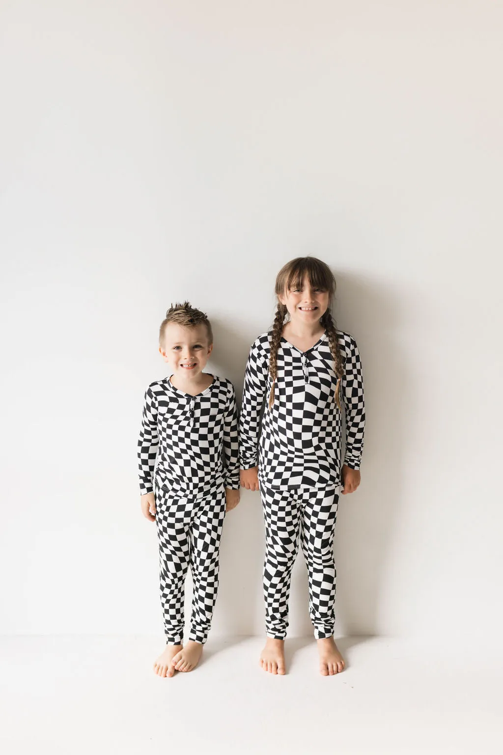 Bamboo Two Piece Pajamas | Black & White Wavy Checkerboard