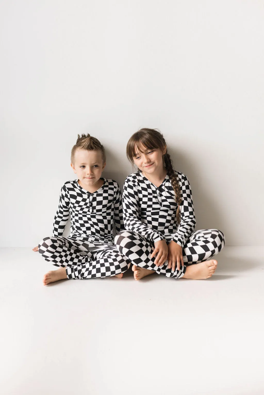 Bamboo Two Piece Pajamas | Black & White Wavy Checkerboard