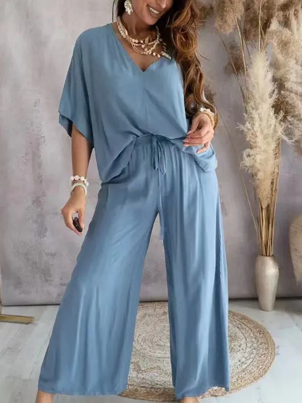 Batwing Sleeve V Neck Solid Set