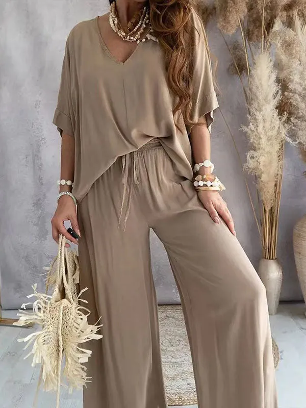 Batwing Sleeve V Neck Solid Set