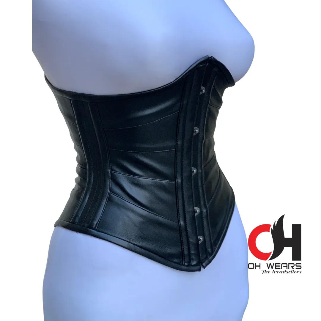 Black Leather Underbust Corset - Double Steel Boned - Underwired