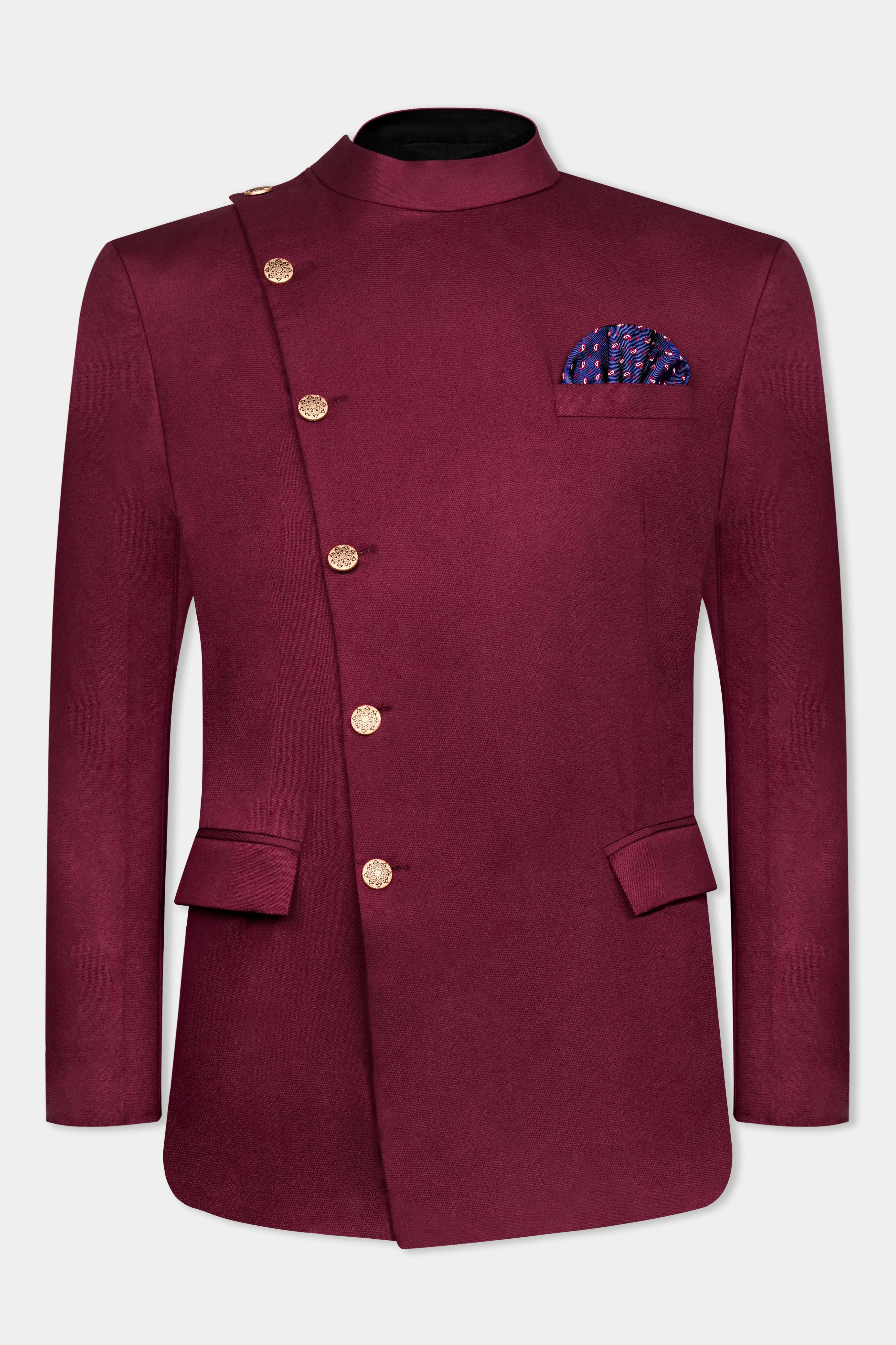 Bordeaux Maroon Cross Placket Wool Rich Bandhgala Blazer