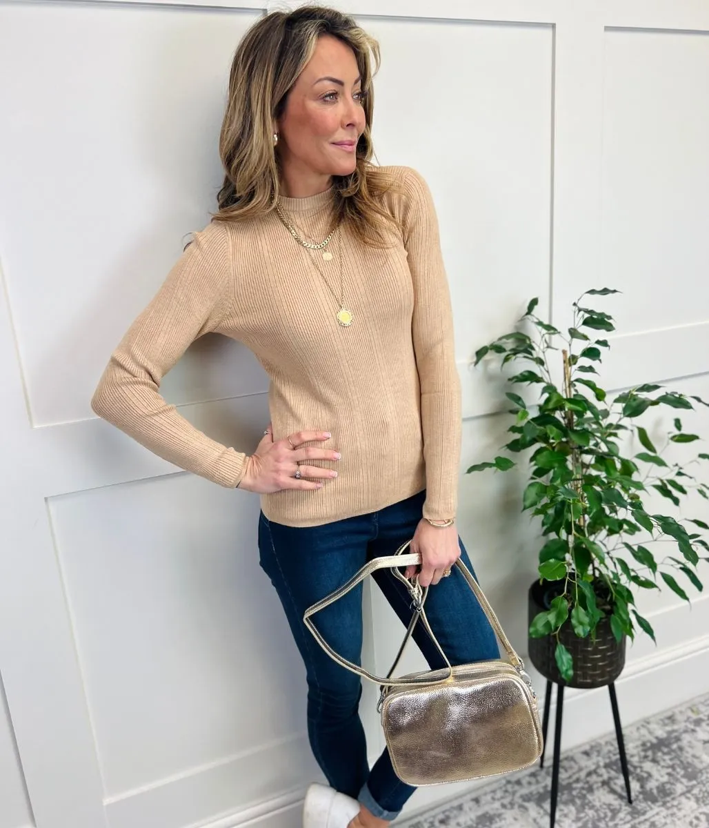 Camel Ribbed Crew Neck Jumper