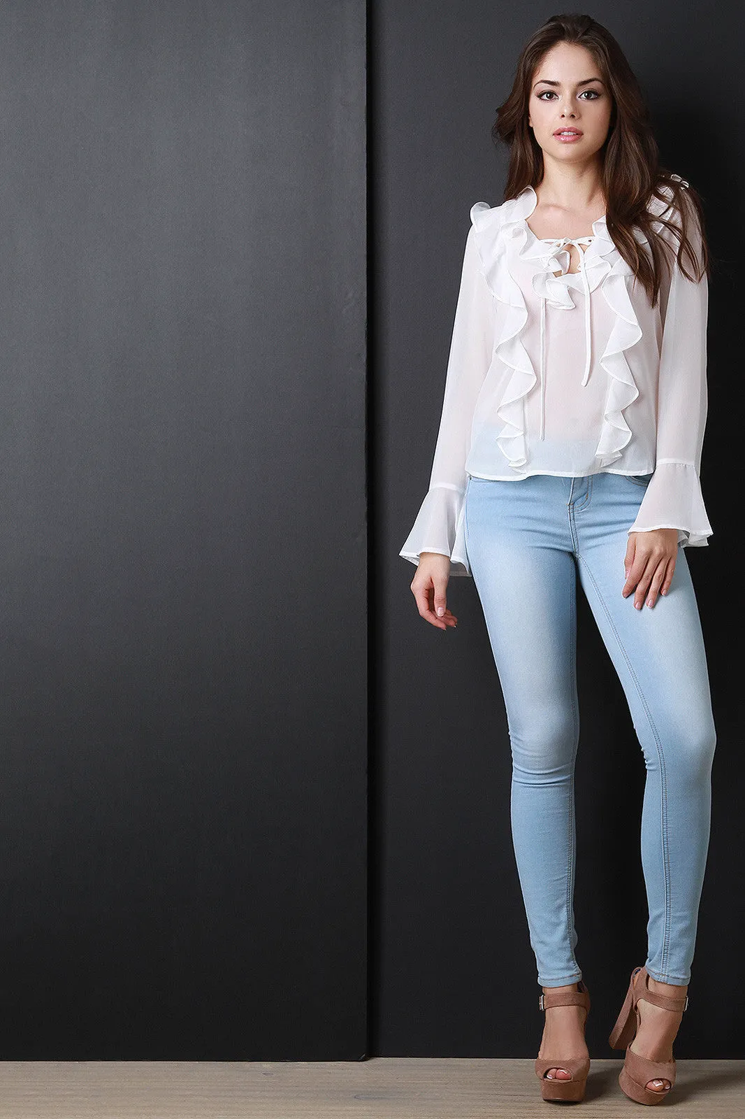 Chiffon Cascade Ruffle Long Sleeve Blouse Top