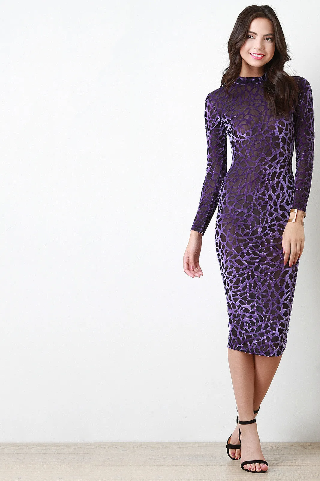 Contrast Burn Out Velvet Mesh Bodycon Dress