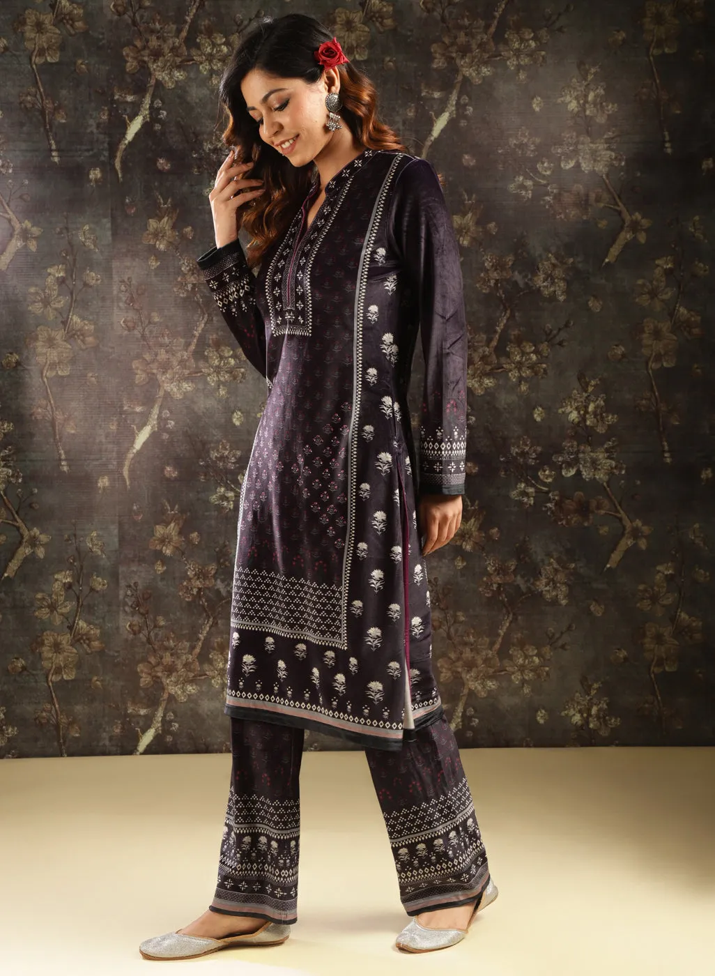 Dark Purple Printed Velvet Kurta Set for Women with Geometric Motifs (With Dupatta)