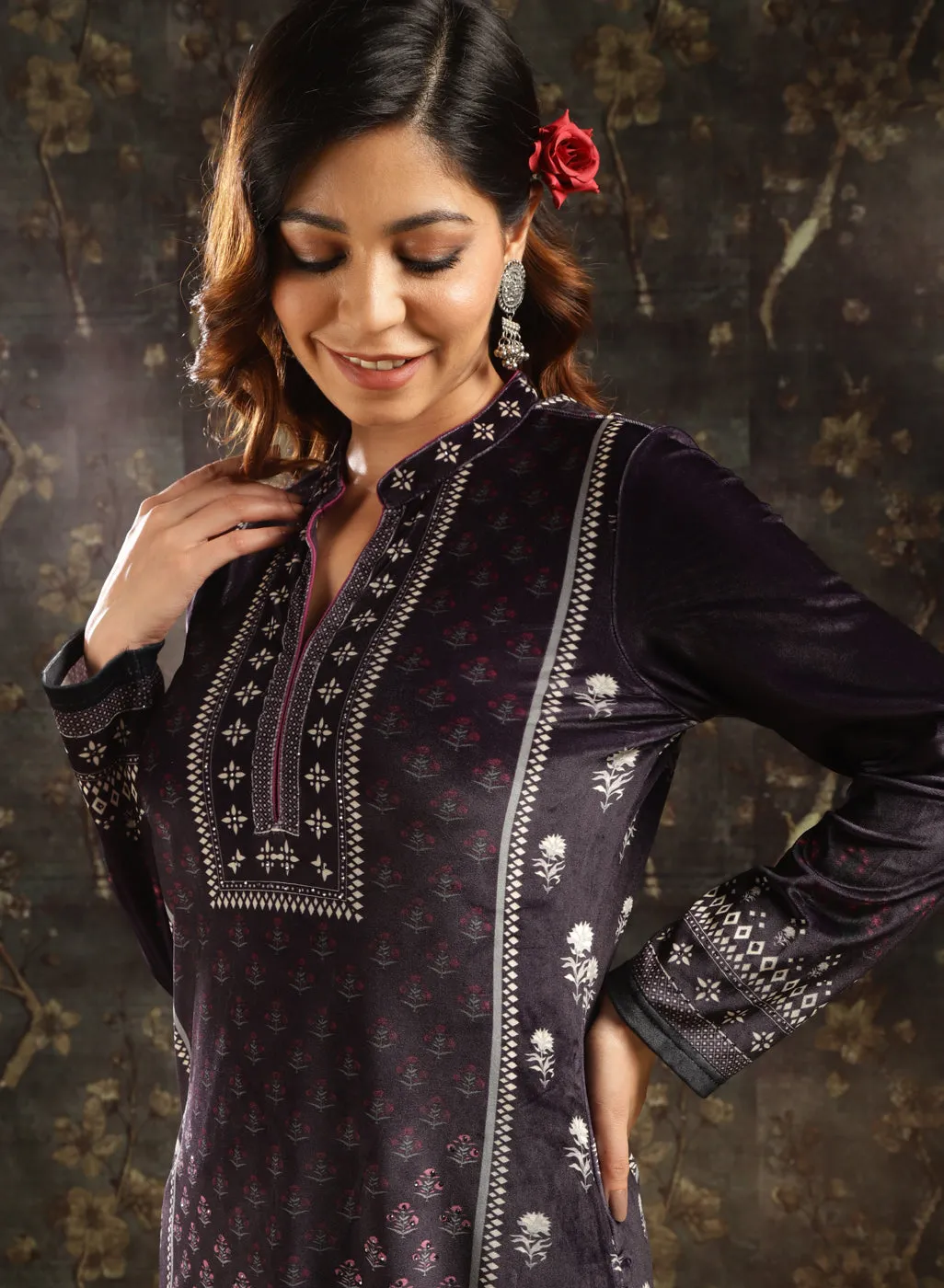 Dark Purple Printed Velvet Kurta Set for Women with Geometric Motifs (With Dupatta)