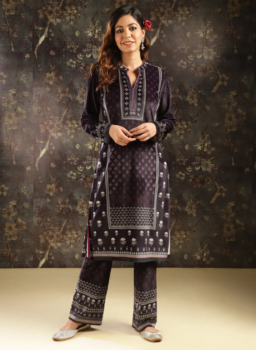 Dark Purple Printed Velvet Kurta Set for Women with Geometric Motifs (With Dupatta)