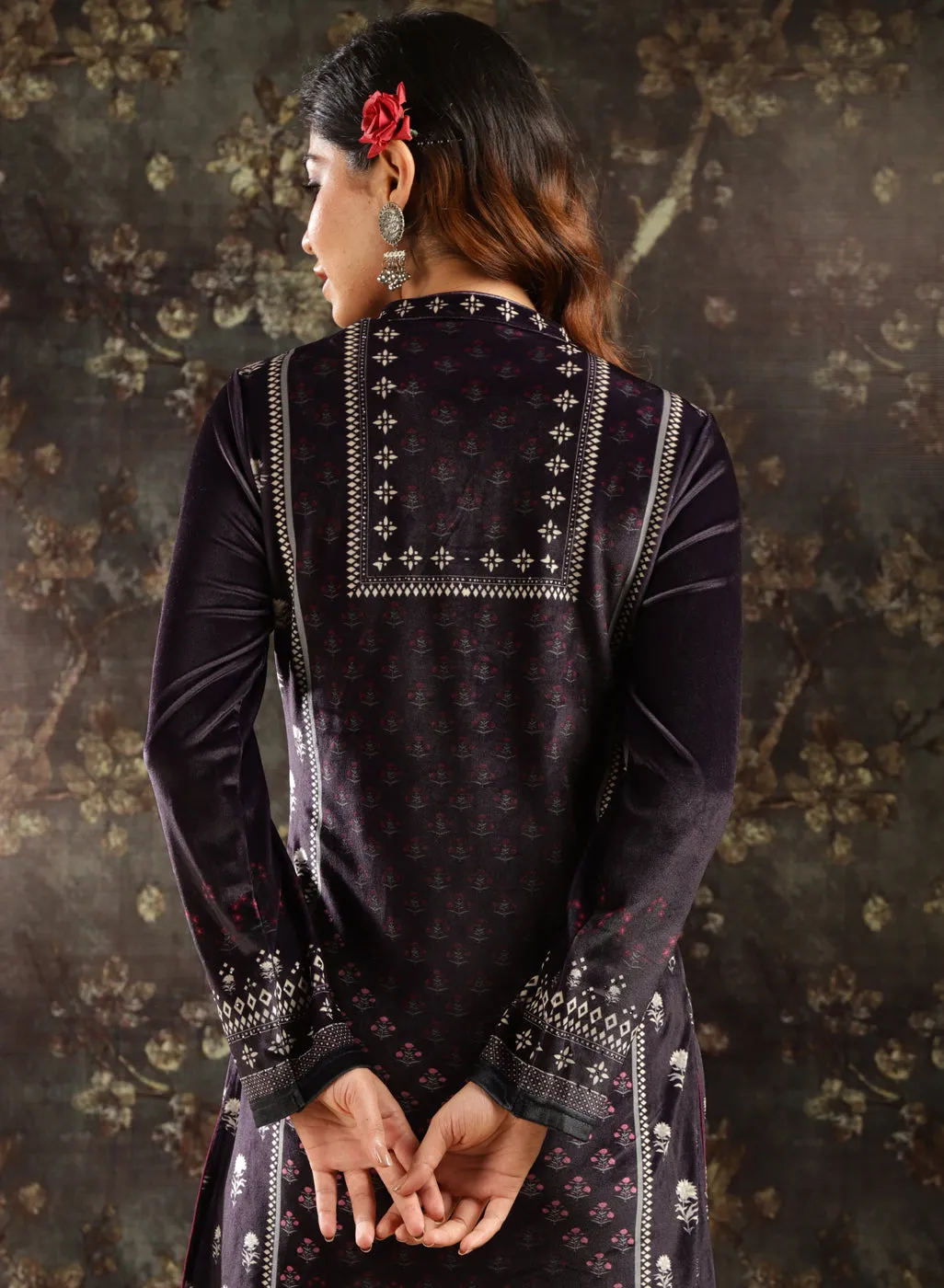 Dark Purple Printed Velvet Kurta Set for Women with Geometric Motifs (With Dupatta)