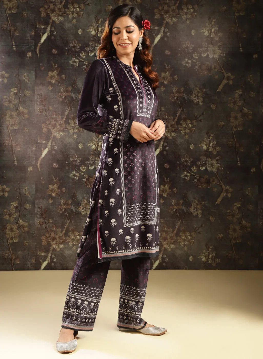 Dark Purple Printed Velvet Kurta Set for Women with Geometric Motifs (With Dupatta)