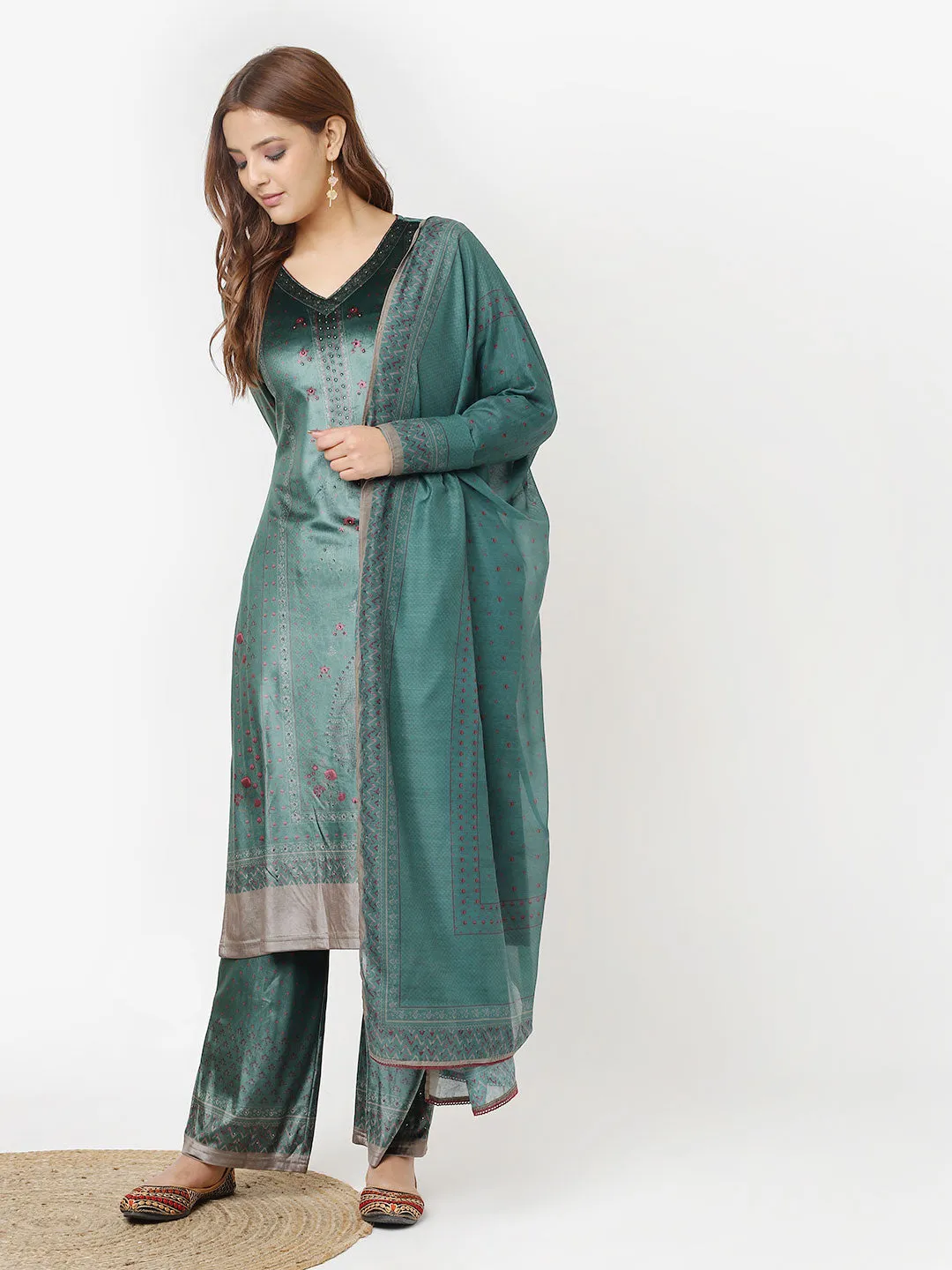 Emerald Green Printed Velvet Kurta Set with Swarovski Work (With Dupatta)