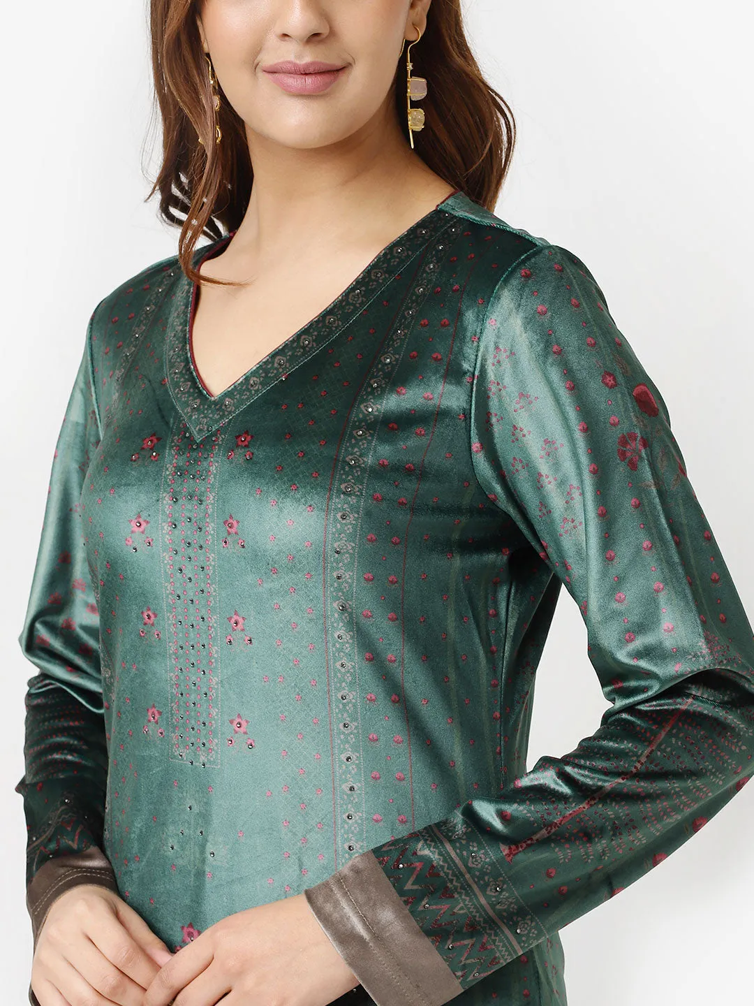 Emerald Green Printed Velvet Kurta Set with Swarovski Work (With Dupatta)